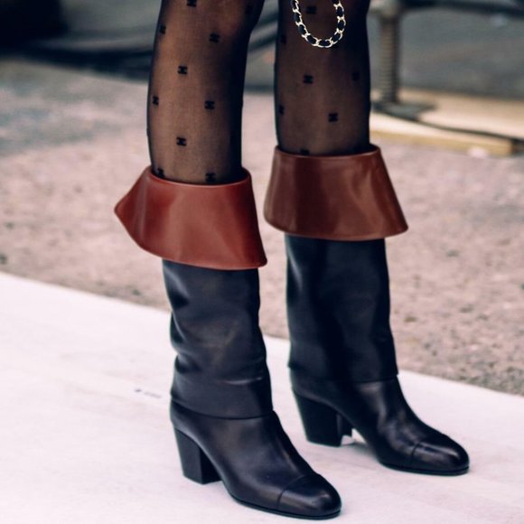 CHANEL 20K Two Tone Leather Musketeer Western Foldover Tall Boots Heels - Picture 1 of 12